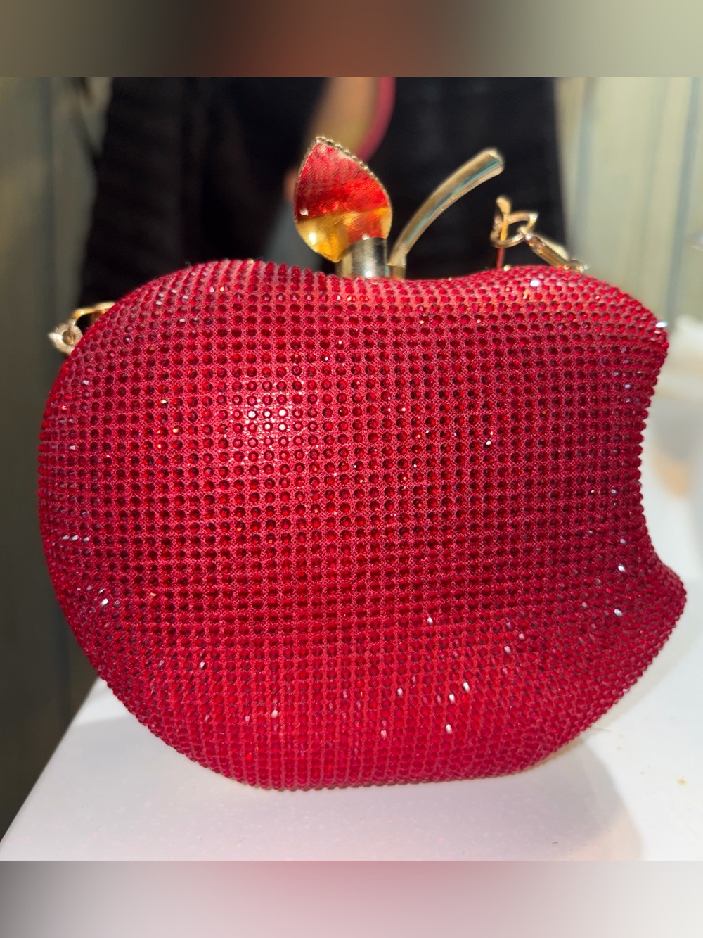 Sparkly red apple mini handbag. New, includes gold crossbody chain.